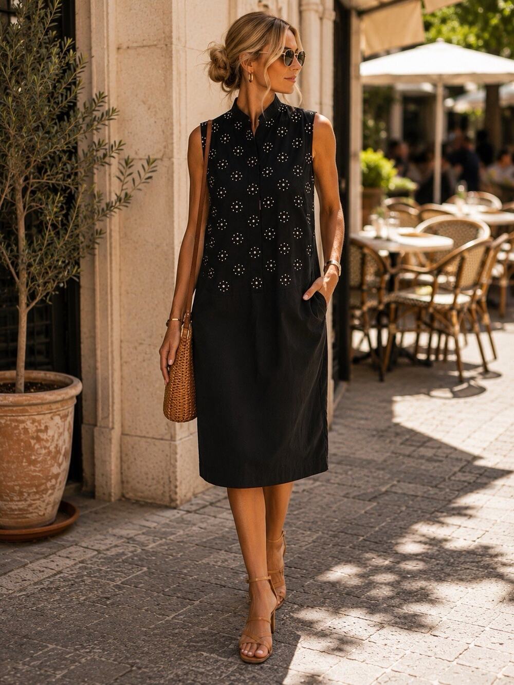 A-K-R-I-S Punto Black Studded Cotton Sleeveless High Neck Shift Midi Dress